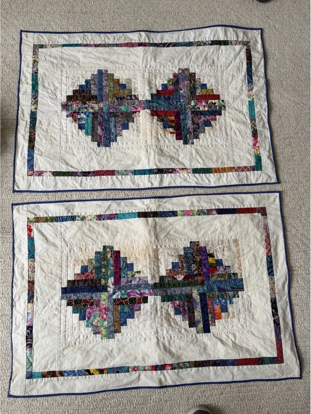 King 3pc Vintage Log Cabin Quilt Set Hand Quilted Scrappy Patchwork Shams 98x98